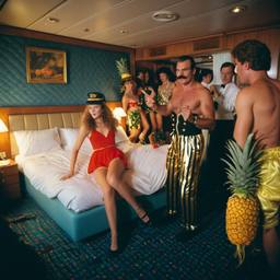The Captain in bed, pineapple and lobster costumes, FFF Cruises: Voyage 01 · FFF\CRS\050\033