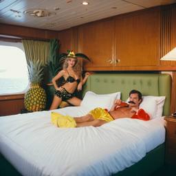 The Captain in bed, pineapple and lobster costumes, FFF Cruises: Voyage 01 · FFF\CRS\050\034