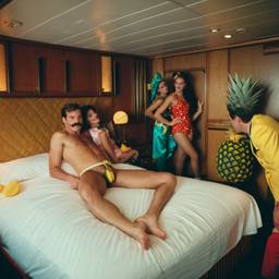 The Captain in bed, pineapple and lobster costumes