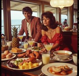 Breakfast buffet, flamboyant outfits (16mm), FFF Cruises: Voyage 01 · FFF\CRS\069\008