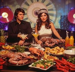 Breakfast buffet, flamboyant outfits (16mm, surreal)