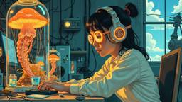 Cute scifi girl wearing Headphones and eye screens, Paradigm 13 · FFF\RB\P13\024\009