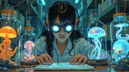 Cute scifi girl wearing Headphones and eye screens, Paradigm 13 · FFF\RB\P13\024\010