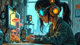 Cute scifi girl wearing Headphones and eye screens, Paradigm 13 · FFF\RB\P13\024\011