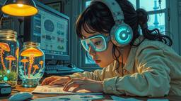 Cute scifi girl wearing Headphones and eye screens, Paradigm 13 · FFF\RB\P13\024\012