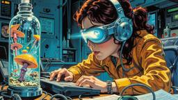 Cute scifi girl wearing Headphones and eye screens, Paradigm 13 · FFF\RB\P13\024\014