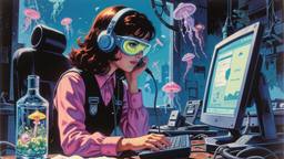 Cute scifi girl wearing Headphones and eye screens, Paradigm 13 · FFF\RB\P13\024\017