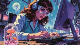Cute scifi girl wearing Headphones and eye screens, Paradigm 13 · FFF\RB\P13\024\018