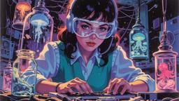 Cute scifi girl wearing Headphones and eye screens