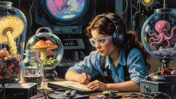 Cute scifi girl wearing Headphones and eye screens, Paradigm 13 · FFF\RB\P13\025\003