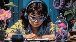 Cute scifi girl wearing Headphones and eye screens