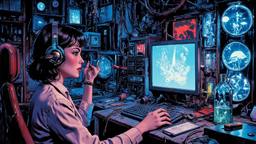 Cute scifi girl wearing Headphones and eye screens, Paradigm 13 · FFF\RB\P13\034\005