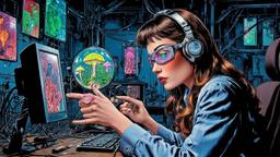 Cute scifi girl wearing Headphones and eye screens, Paradigm 13 · FFF\RB\P13\034\007