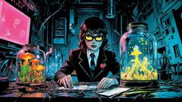 Cute scifi girl wearing Headphones and eye screens