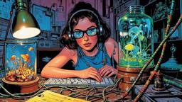Cute scifi girl wearing Headphones and eye screens, Paradigm 13 · FFF\RB\P13\035\003