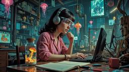 Cute scifi girl wearing Headphones and eye screens, Paradigm 13 · FFF\RB\P13\035\006