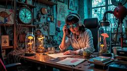 Cute scifi girl wearing Headphones and eye screens, Paradigm 13 · FFF\RB\P13\035\007