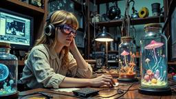 Cute scifi girl wearing Headphones and eye screens, Paradigm 13 · FFF\RB\P13\035\008