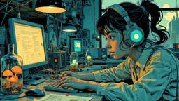 Cute scifi girl wearing Headphones and eye screens, Paradigm 13 · FFF\RB\P13\035\010