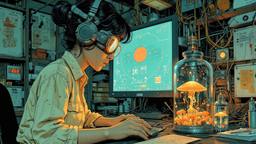 Cute scifi girl wearing Headphones and eye screens