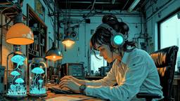 Cute scifi girl wearing Headphones and eye screens, Paradigm 13 · FFF\RB\P13\036\001