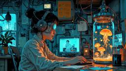 Cute scifi girl wearing Headphones and eye screens, Paradigm 13 · FFF\RB\P13\036\002