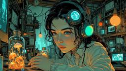 Cute scifi girl wearing Headphones and eye screens, Paradigm 13 · FFF\RB\P13\036\003