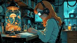 Cute scifi girl wearing Headphones and eye screens, Paradigm 13 · FFF\RB\P13\036\004