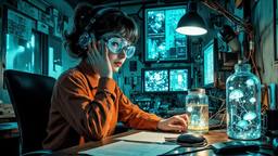 Cute scifi girl wearing Headphones and eye screens, Paradigm 13 · FFF\RB\P13\036\005