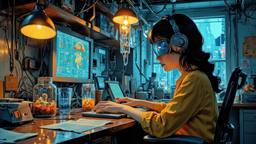 Cute scifi girl wearing Headphones and eye screens, Paradigm 13 · FFF\RB\P13\036\006