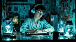Cute scifi girl wearing Headphones and eye screens, Paradigm 13 · FFF\RB\P13\036\007