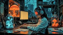 Cute scifi girl wearing Headphones and eye screens