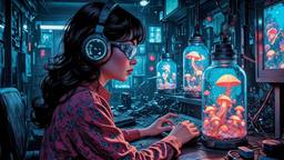Cute scifi girl wearing futuristic clothing and Headphones and eye…, Paradigm 13 · FFF\RB\P13\037\003