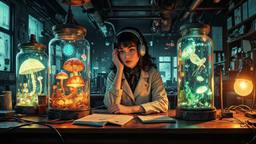 Cute scifi girl wearing futuristic clothing and Headphones and eye…