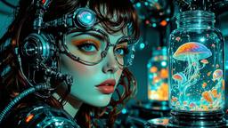 Cute scifi girl wearing futuristic metalic clothing covered in tubes…