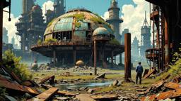 Distopian ruined futristic city scene