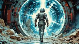 Hero time traveler in futuristic silver clothing ith eye screens…, Paradigm 13 · FFF\RB\P13\056\001