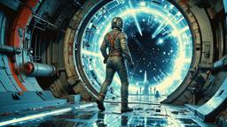Hero time traveler in futuristic silver clothing ith eye screens…, Paradigm 13 · FFF\RB\P13\056\002
