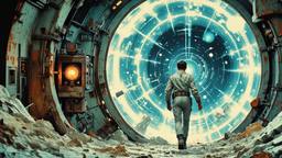 Hero time traveler in futuristic silver clothing ith eye screens…, Paradigm 13 · FFF\RB\P13\056\003