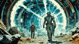 Hero time traveler in futuristic silver clothing ith eye screens…