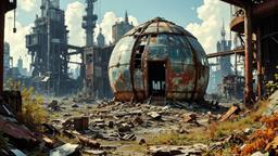Distopian ruined futristic city scene