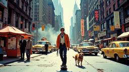 Scene from a movie set in 1980's new york street