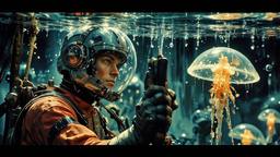 Hero sci fi man underwater surounded by mutant jglowing jellyfish, Paradigm 13 · FFF\RB\P13\091\001