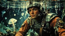 Hero sci fi man underwater surounded by mutant jglowing jellyfish, Paradigm 13 · FFF\RB\P13\091\002