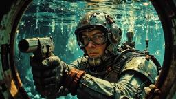 Hero sci fi man underwater surounded by mutant jglowing jellyfish, Paradigm 13 · FFF\RB\P13\091\003