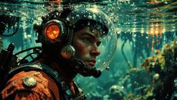 Hero sci fi man underwater surounded by mutant jglowing jellyfish, Paradigm 13 · FFF\RB\P13\091\004