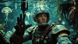 Hero sci fi man underwater surounded by mutant jglowing jellyfish, Paradigm 13 · FFF\RB\P13\091\005