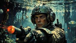 Hero sci fi man underwater surounded by mutant jglowing jellyfish, Paradigm 13 · FFF\RB\P13\091\006