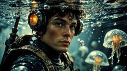 Hero sci fi man underwater surounded by mutant jglowing jellyfish, Paradigm 13 · FFF\RB\P13\091\007
