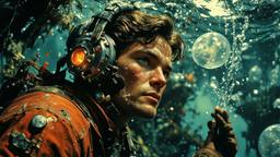 Hero sci fi man underwater surounded by mutant jglowing jellyfish
